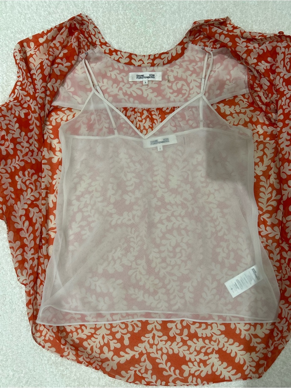 Diane Von Furstenberg Bristol Orange Leaf Print Sheer Balloon Sleeve Top Size S - Picture 6 of 13